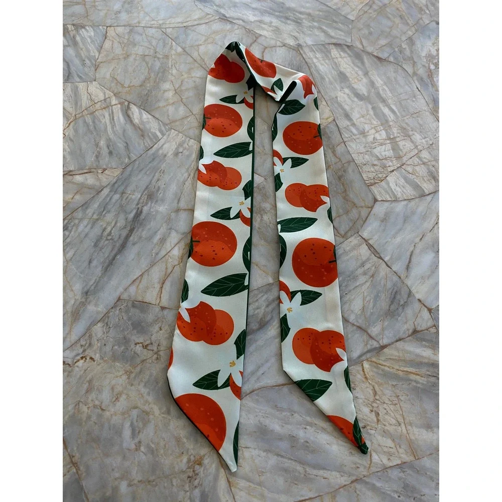 Orange Citrus Floral Love Yourself Green Skinny Scarf Twilly Bag Accessory